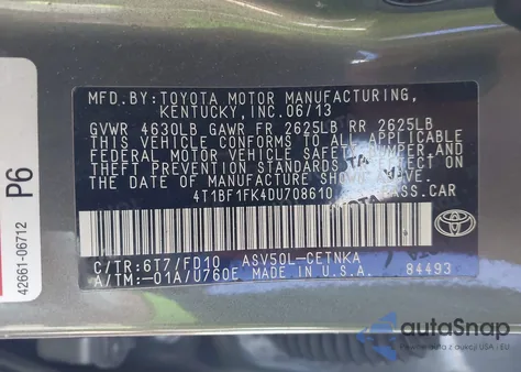 2013 Toyota Camry Le from USA, damaged, VIN 4T1BF1FK4DU708610